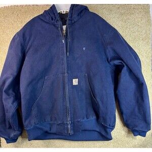 VTG Carhartt J130 MDT Quilt Lined Canvas Sandstone Hooded Jacket Midnight Blue L